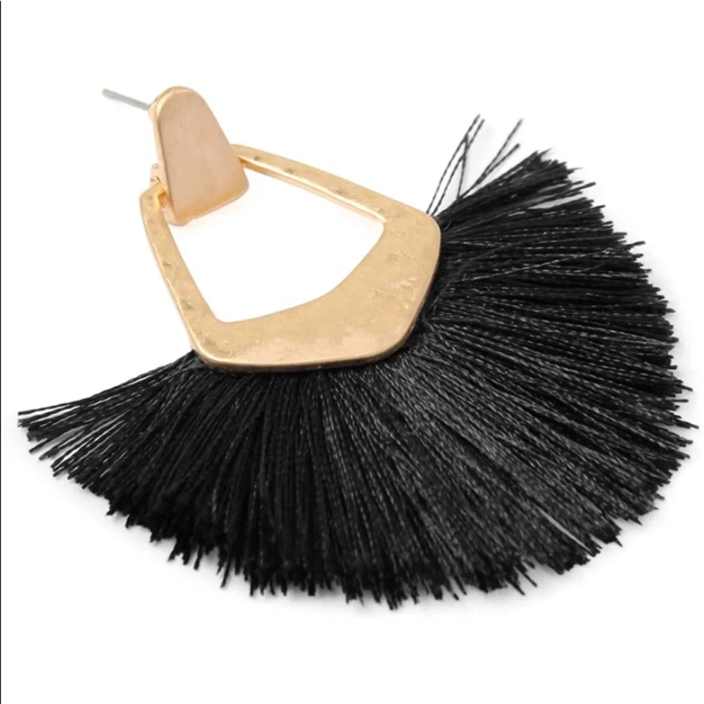 Bohemian Silky Thread Tassel Fringe Statement Drop Earrings 
- BLACK - Picture 2 of 3